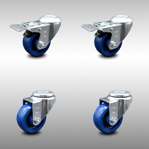 3 Inch SS Solid Polyurethane Swivel Bolt Hole Caster Set with 2 Total Lock Brake